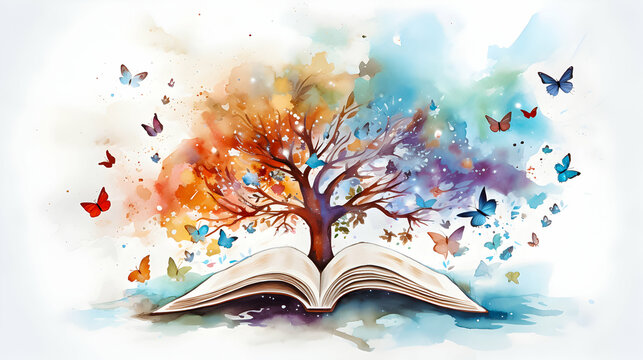 Open book with watercolor tree and butterflies, merging art and literature.