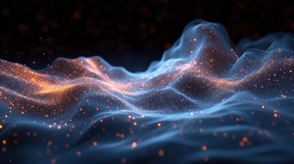  a computer generated image of a wave of blue and gold lights on a black background with a blurry wave in the foreground.