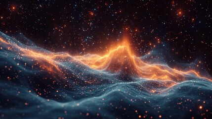  a computer generated image of a wave in a space filled with stars and a bright orange light at the end of the wave.