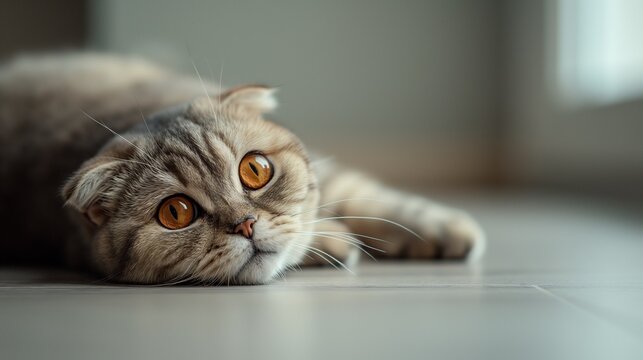 A  Scottish Fold Cat indoors lounging on the floor indoors