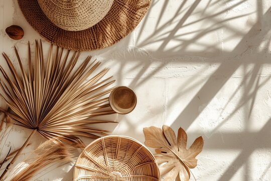 An effortlessly chic summer scene, as a straw hat and glass of wine lay next to a classic straw hat, evoking thoughts of leisure and timeless style