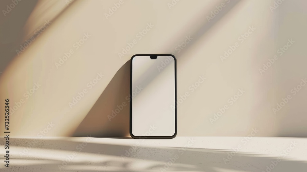 Poster A lone cell phone rests against a stark white wall, its sleek design illuminated by the soft glow of an indoor lamp, casting shadows that dance across the surface