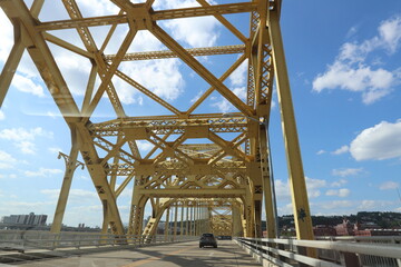 Andy Warhol Bridge and other famous yellow bridges in downtown Pittsburgh, Pennsylvania. Panoramic...
