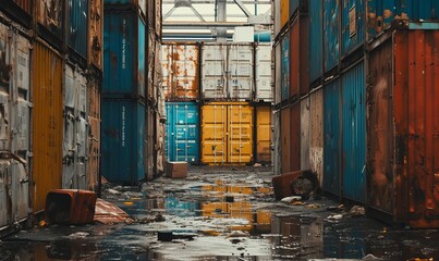 Cargo multicolored old containers with corrosion in cloudy weather