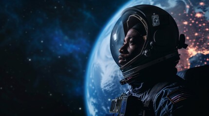 A lone astronaut gazes out into the endless void of outer space, his digital compositing suit reflecting the vastness of the unknown
