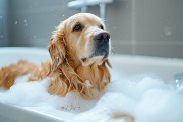 A majestic golden retriever enjoys a relaxing bath in the comfort of its indoor oasis, surrounded by the warm hues of the bathroom