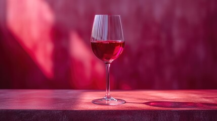  a glass of wine sitting on top of a wooden table next to a red and pink wall in the background.