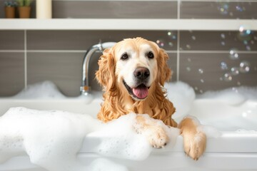 A bubbly golden retriever enjoys a cozy indoor bath, escaping the cold snow outside