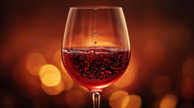  a glass of wine sitting on top of a table next to a blurry image of a boke of lights.