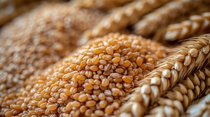 Obraz premium a close up of a bunch of grain in a basket with a stalk of wheat in the middle of the frame.