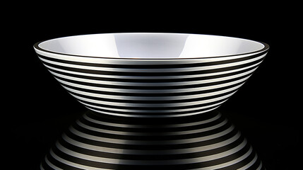 Elegant Striped Bowl Reflecting on a Dark Surface Creating a Beautiful Contrast and Pattern