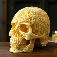 Intricately Designed Skull with Brain-like Surface Texture Illuminated by Soft Candlelight