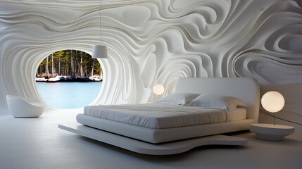 Modern Bedroom with Sculpted Walls Overlooking a Serene Forest Lake