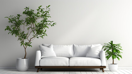 Modern Living Room Interior with White Sofa, Green Plants, and Minimalist Design