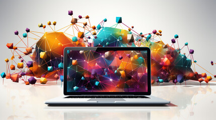 A Vibrant Display of a Laptop Amidst a Dynamic and Colorful Geometric Landscape Illustrating Connectivity and Digital Innovation