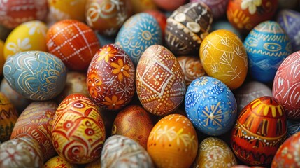 Obraz premium a pile of colorful painted eggs sitting on top of a pile of other colored eggs on top of each other.
