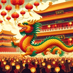 Fototapeta premium Vibrant Chinese Dragon Dance Performance Celebrating Lunar New Year at Night