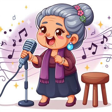 Cartoon style old woman singing.