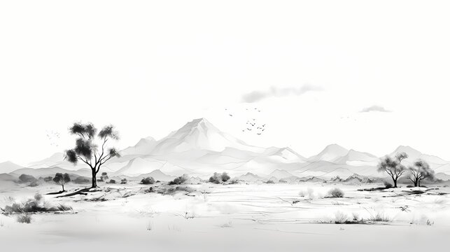 Black and white artistic representation of a desert scene, using intricate ink strokes to convey the simplicity and beauty of a minimalist landscape