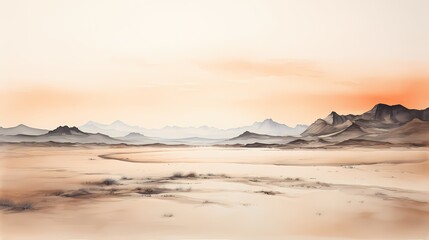 Fototapeta na wymiar Black ink sketch of a serene desert landscape on a clean white canvas, showcasing minimalism to express the vastness and calmness of the environment