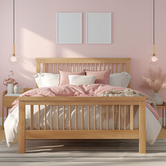 3D Bedroom with Oak Bed Frame and Plush Bedding