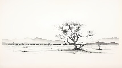 Black ink sketch of a tranquil desert scene on a pristine white canvas, capturing the minimalist essence of the arid landscape