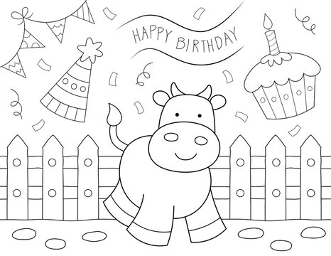 cartoon cow happy birthday coloring page for kids. you can print it on standard 8.5x11 inch paper