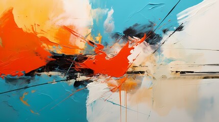 Bold abstract composition with striking colors and textured elements, evoking a sense of drama and intensity