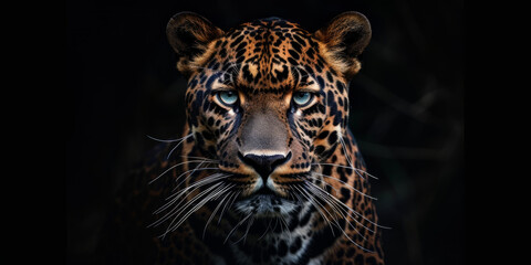 This striking image showcases a Panther in a front view against a black backdrop. Copy Space