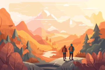 Poster Adventure and Outdoor Activities, Hiking and Camping in the Wilderness, Nature Exploration and Travel Concept, Backpackers Exploring Mountain Trails Illustration © Valentin