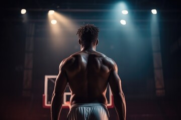 Fototapeta na wymiar Back view of muscular man standing at basketball court and looking at spotlights. sports practicing. goal and concentration concept. a basketball player standing at court.