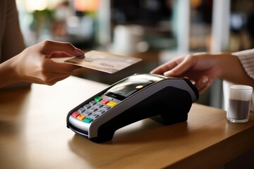 Closeup of women's hand using credit card to make contactless payment on chip and pin machine. digital transaction service. Credit card payment, buy and sell products & service.