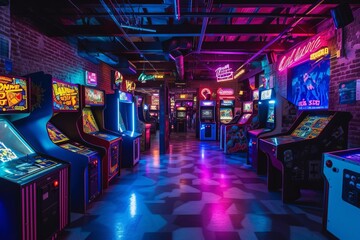 Quirky retro arcade with classic video games and neon lights