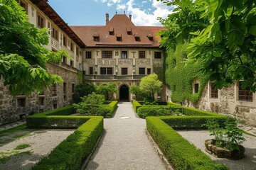 Fototapeta na wymiar Grand castle courtyard with historical architecture and gardens