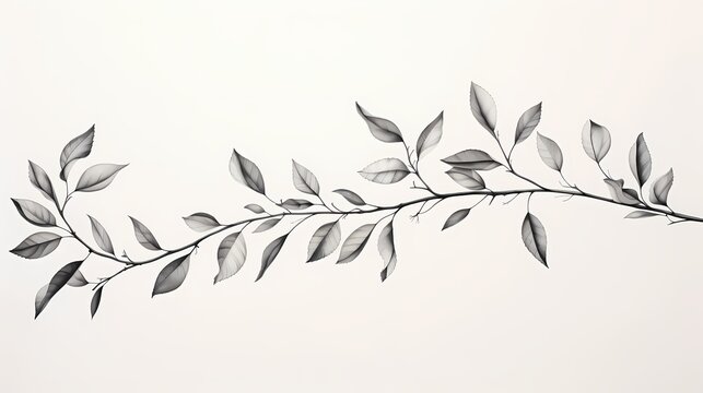 Botanical black and white line drawing of a leafy branch, portraying the delicate beauty of nature with intricate and minimalist strokes