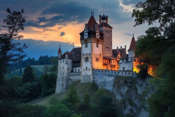 Fototapeta na wymiar Historic european castle at twilight with dramatic skyline
