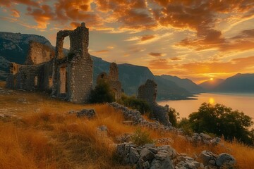 Obraz premium Majestic castle ruins at sunset with dramatic landscape and historic tales