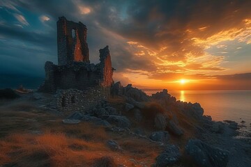 Fototapeta premium Majestic castle ruins at sunset with dramatic landscape and historic tales