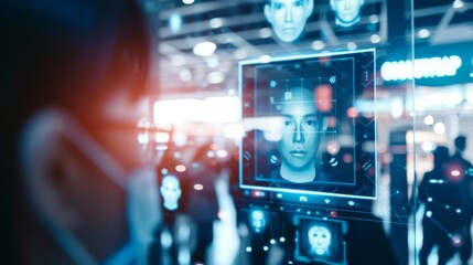Fototapeta premium AI surveillance screen showing real-time facial recognition in a crowded public area, detailed graphics of identified faces, with a blurred background
