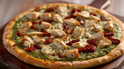 pesto chicken pizza with a thin crust, fragrant basil pesto sauce, tender chicken pieces, creamy ricotta cheese, and sun-dried tomatoes for bursts of sweetness