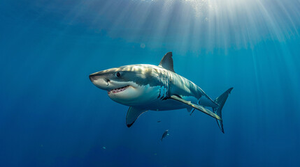 Great white shark with its main four fings swimming under sun rays in the blue sea. Generative Ai - obrazy, fototapety, plakaty