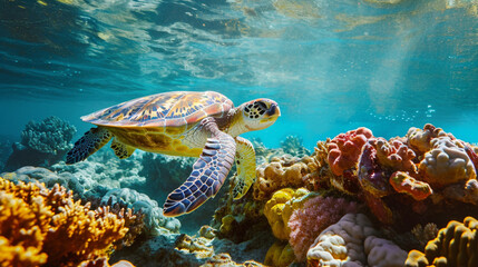 Green sea turtle swimming among colorful coral reef in beautiful clear water. Generative Ai