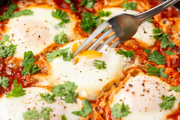 Healthy shakshuka with vegetables, herbs, tomatoes in iron cast pan