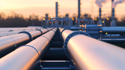 A large oil and gas pipeline in the midst of refining, with blurred background for added focus. - obrazy, fototapety, plakaty