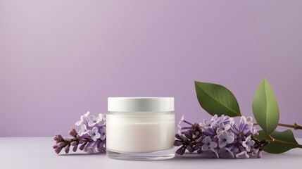 Obraz na płótnie Canvas Cosmetic cream jar mockup template with flowers. Skin care product on a light lilac background. Natural, organic concept.