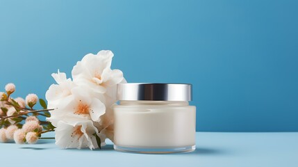 Cosmetic cream jar mockup template with white flowers. Skin care product on a light blue background.  Natural, organic concept.