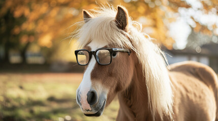 Horse with long mane with glasses. Generative Ai