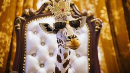 Giraffe wearing tie with crown and sunglasses sitting on a throne, hipster background. Generative Ai