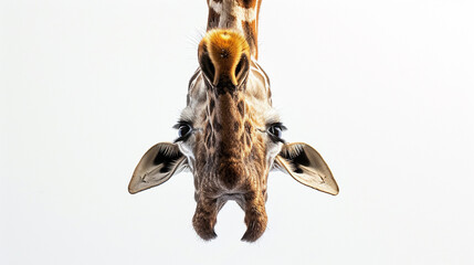 Giraffe with long head look upside down on white Giraffe face head hanging upside down Generative Ai