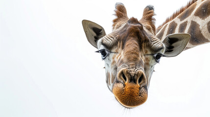 Giraffe with long head look upside down on white Giraffe face head hanging upside down Generative Ai